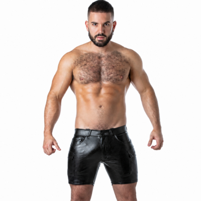 LOCKER GEAR - PUNCH HOLE LEATHERETTE CARGO SHORTS BLACK XL LOCKER GEAR - PUNCH HOLE LEATHERETTE CARGO SHORTS BLACK XL