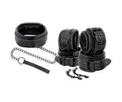 DARKNESS - BLACK LEATHER HANDCUFFS AND COLLAR DARKNESS - BLACK LEATHER HANDCUFFS AND COLLAR