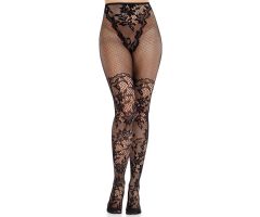 LEG AVENUE - DAHLIA LACE STOCKINGS WITH NET DETAIL BLACK LEG AVENUE - DAHLIA LACE STOCKINGS WITH NET DETAIL BLACK