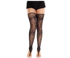 LEG AVENUE - FLORAL LACE FOOTLESS STOCKINGS BLACK LEG AVENUE - FLORAL LACE FOOTLESS STOCKINGS BLACK