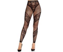 LEG AVENUE - LACE AND SHEER FOOTLESS TIGHTS BLACK LEG AVENUE - LACE AND SHEER FOOTLESS TIGHTS BLACK