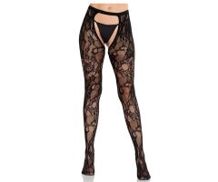 LEG AVENUE - ROSE LACE STOCKINGS WITH OPEN BACK BLACK LEG AVENUE - ROSE LACE STOCKINGS WITH OPEN BACK BLACK